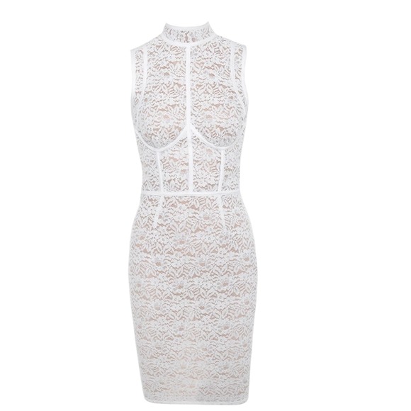House of CB Dresses & Skirts - House of CB Caitlyn Lace Bodycon Dress Size Large White Sleeveless Mock Neck